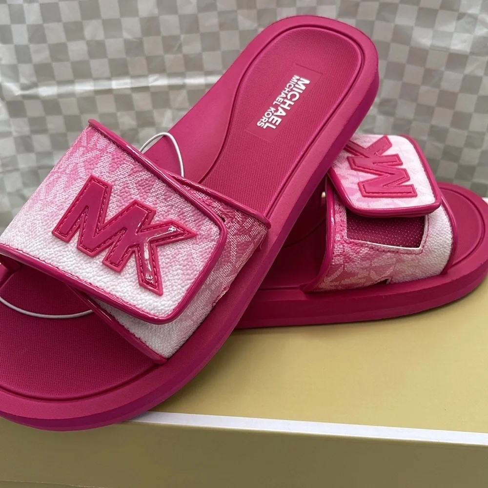 MICHAEL KORS Palmer Ombré Signature Logo Slide Sandal Dragonfruit NWT